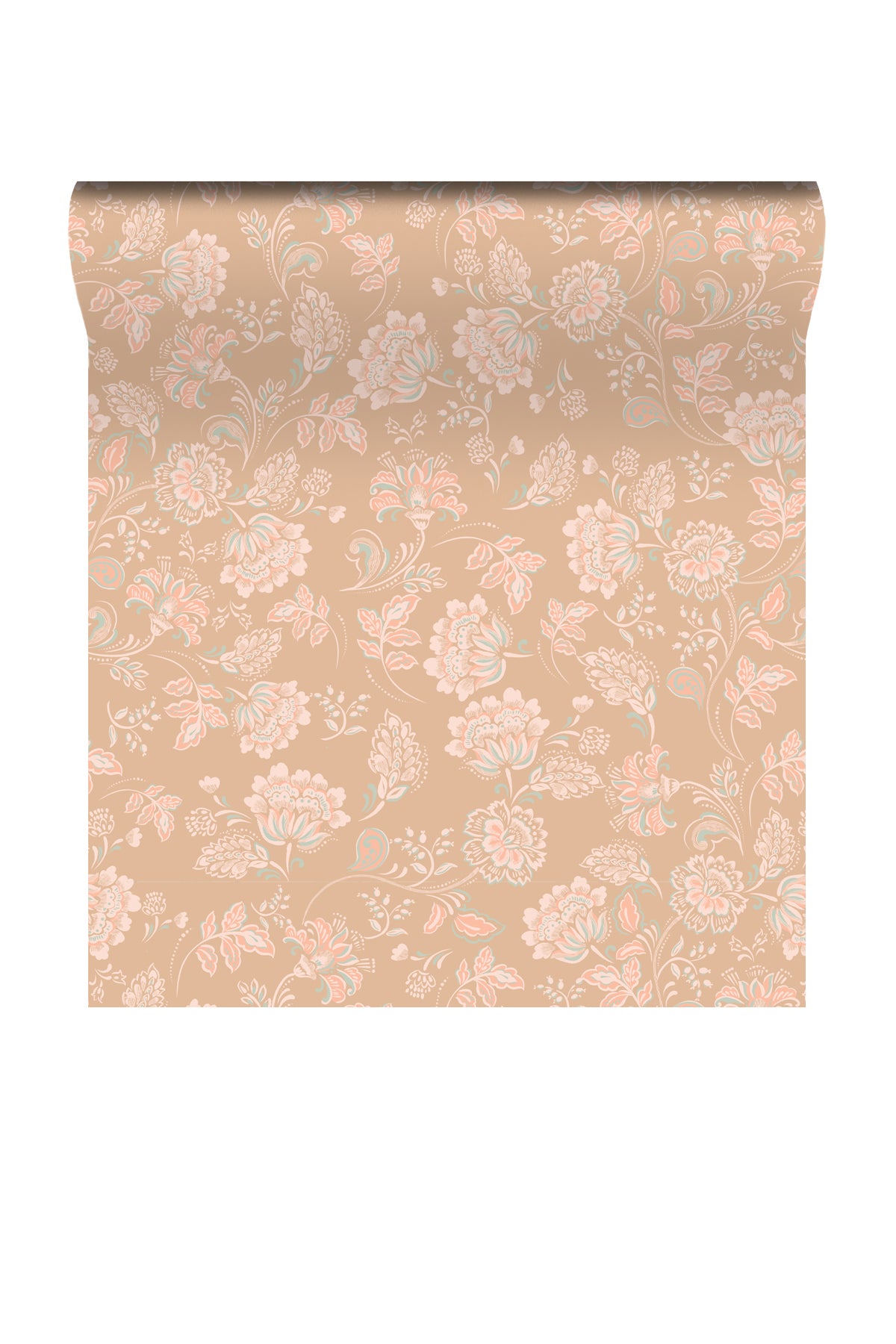 A roll of wallpaper with a repeating floral pattern in soft blush pink, peach, and light blue on a warm beige background, shown against a plain white backdrop.