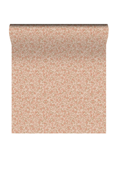 A roll of wallpaper with a dense, small-scale abstract pattern in dusty pink and beige, shown against a plain white background.