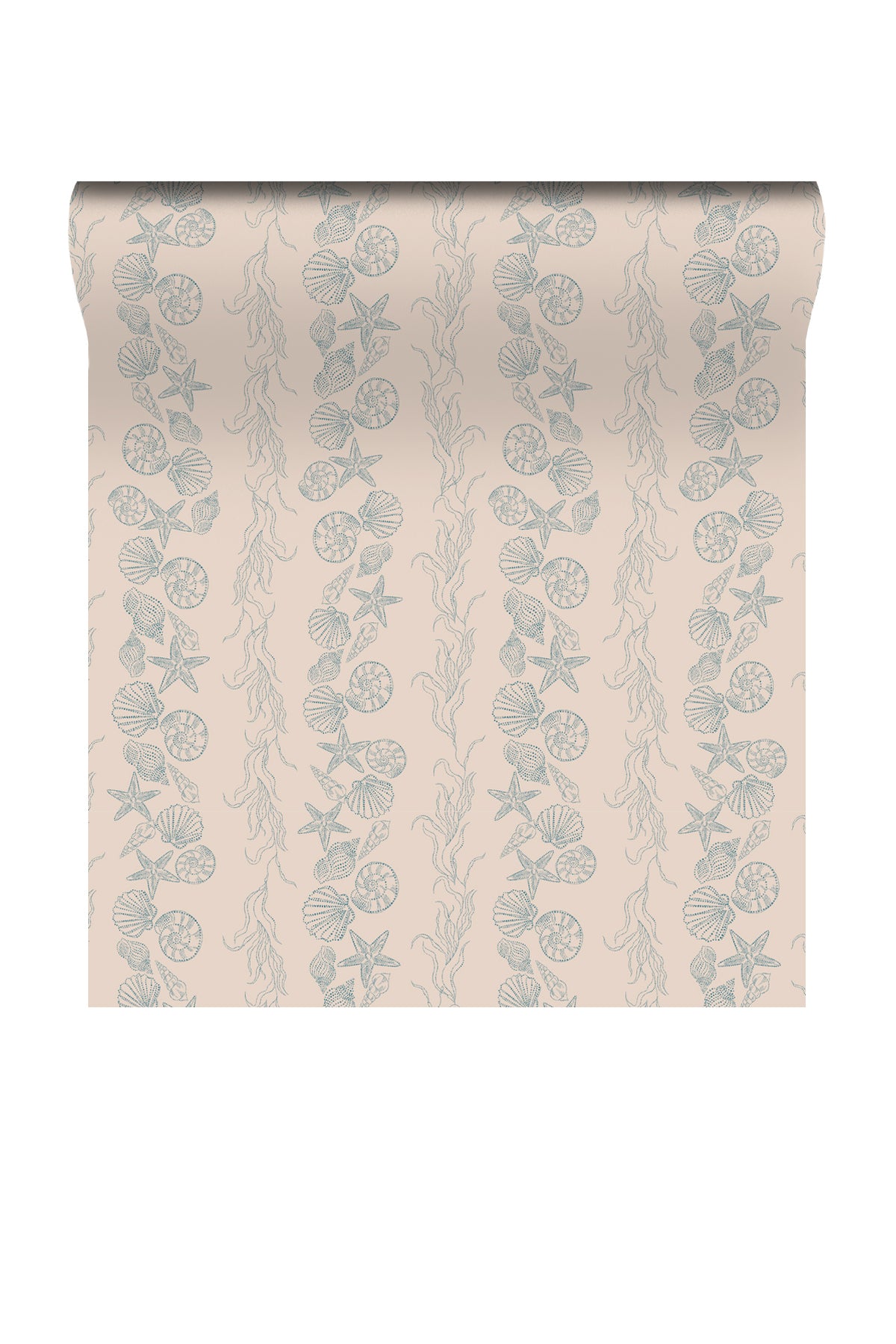 A roll of wallpaper with a vertical repeating pattern of light blue sea urchins, starfish, and kelp on a warm beige background.