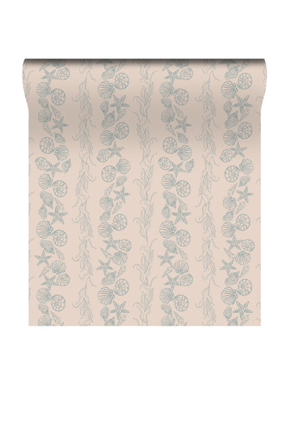 A roll of wallpaper with a vertical repeating pattern of light blue sea urchins, starfish, and kelp on a warm beige background.