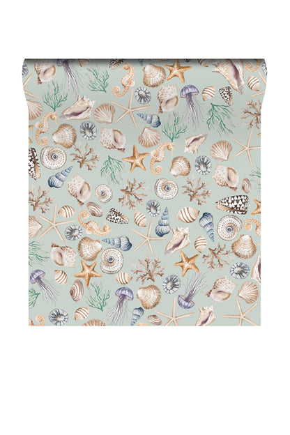 A roll of wallpaper featuring an all-over seashell and starfish pattern on a pale sage green background, shown against a plain white studio backdrop.