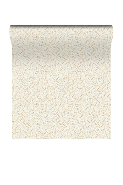 A roll of wallpaper with a repeating beige and cream botanical leaf pattern, shown partially unrolled against a plain white background.