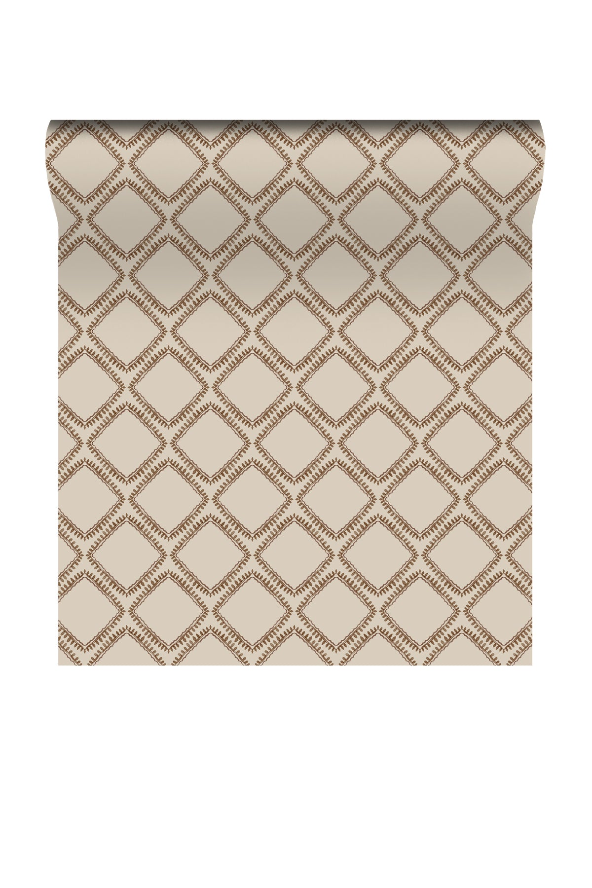 A roll of wallpaper featuring a repeating geometric diamond trellis pattern in warm beige and brown tones, shown against a plain white background.