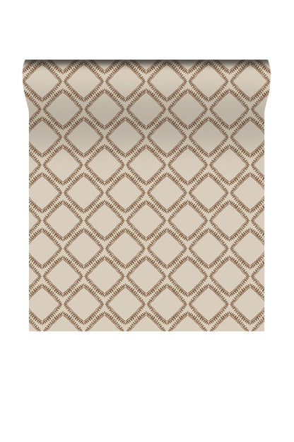 A roll of wallpaper featuring a repeating geometric diamond trellis pattern in warm beige and brown tones, shown against a plain white background.