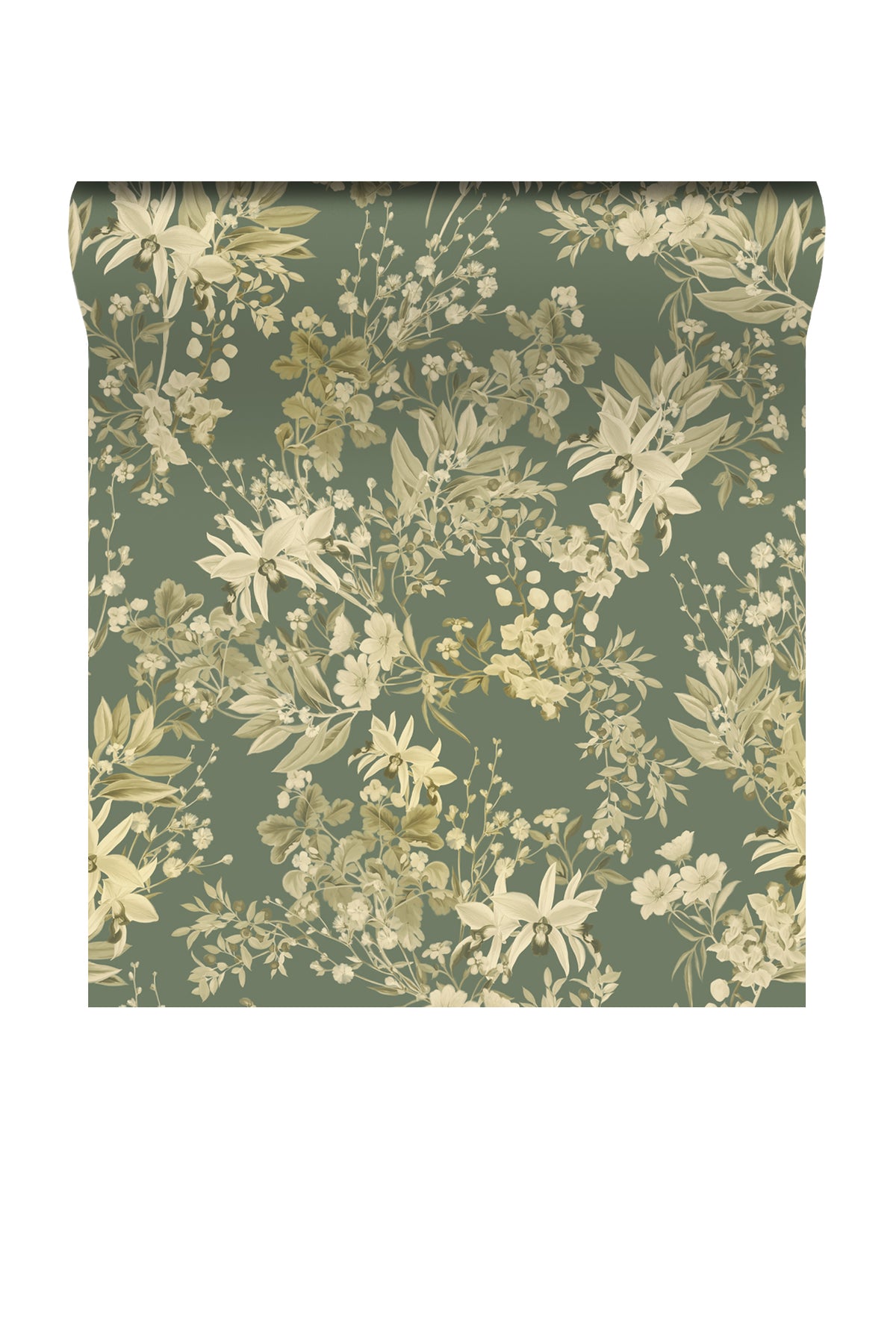 A roll of wallpaper with a dense botanical floral pattern in muted sage green and cream, shown against a plain white background.