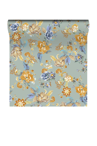 A roll of wallpaper with a vintage floral pattern on a muted sage green background, featuring yellow, blue, and beige flowers and leaves.